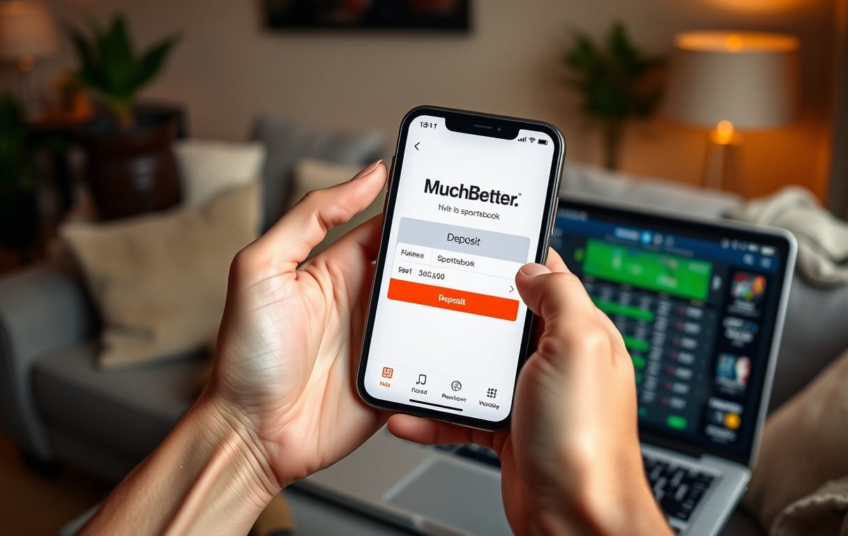 Person som holder en smarttelefon med MuchBetter-appen åpen, viser et vellykket innskudd til en bookmaker.