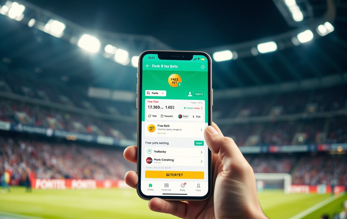 Person med mobiltelefon som viser gratisspill i en bettings-app, med stadion i bakgrunnen