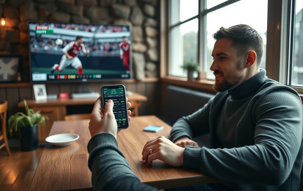 Mann som sammenligner odds på mobil i norsk kafé med fotballkamp på TV