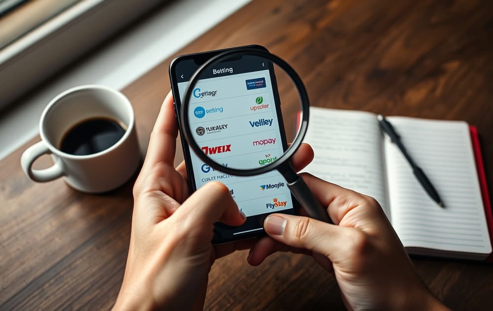 Nærbilde av mobil med forstørrelsesglass over bettingsider-liste