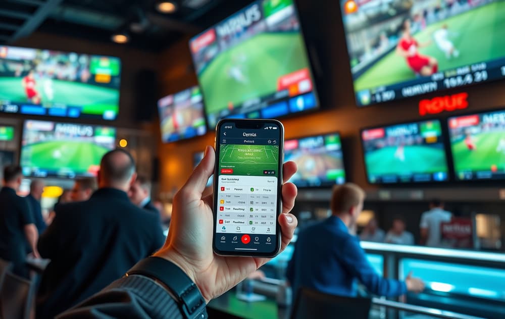 Sportsbar med flere skjermer og en person som satser på mobil