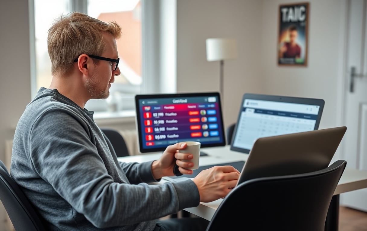 En norsk person som sammenligner bettingsider på en laptop, med kaffekopp og moderne interiør
