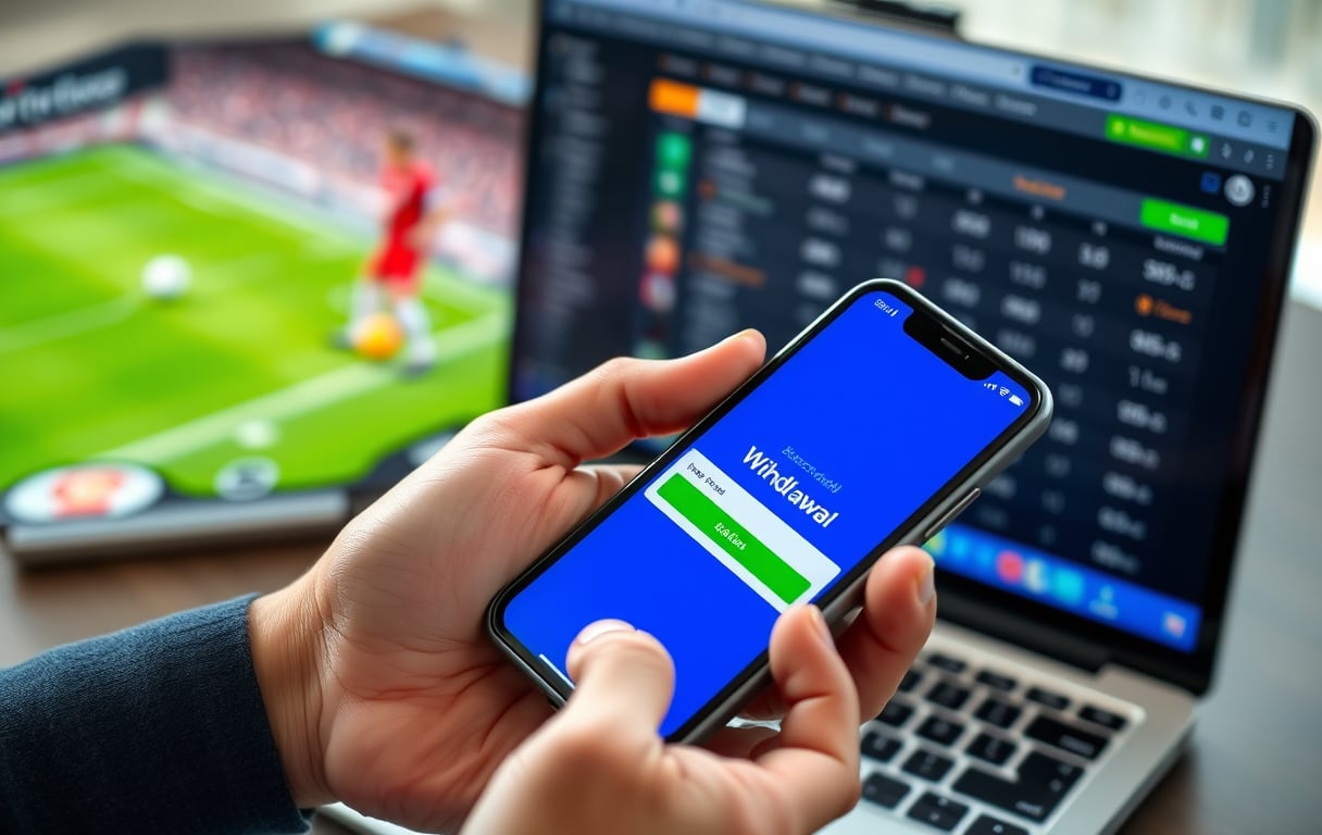 Person som holder mobil med uttaksbekreftelse fra betting-app, laptop i bakgrunnen med odds