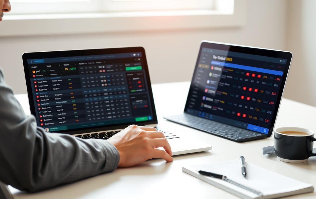 Sammenligning av bettingsider for fotball på laptop med notater