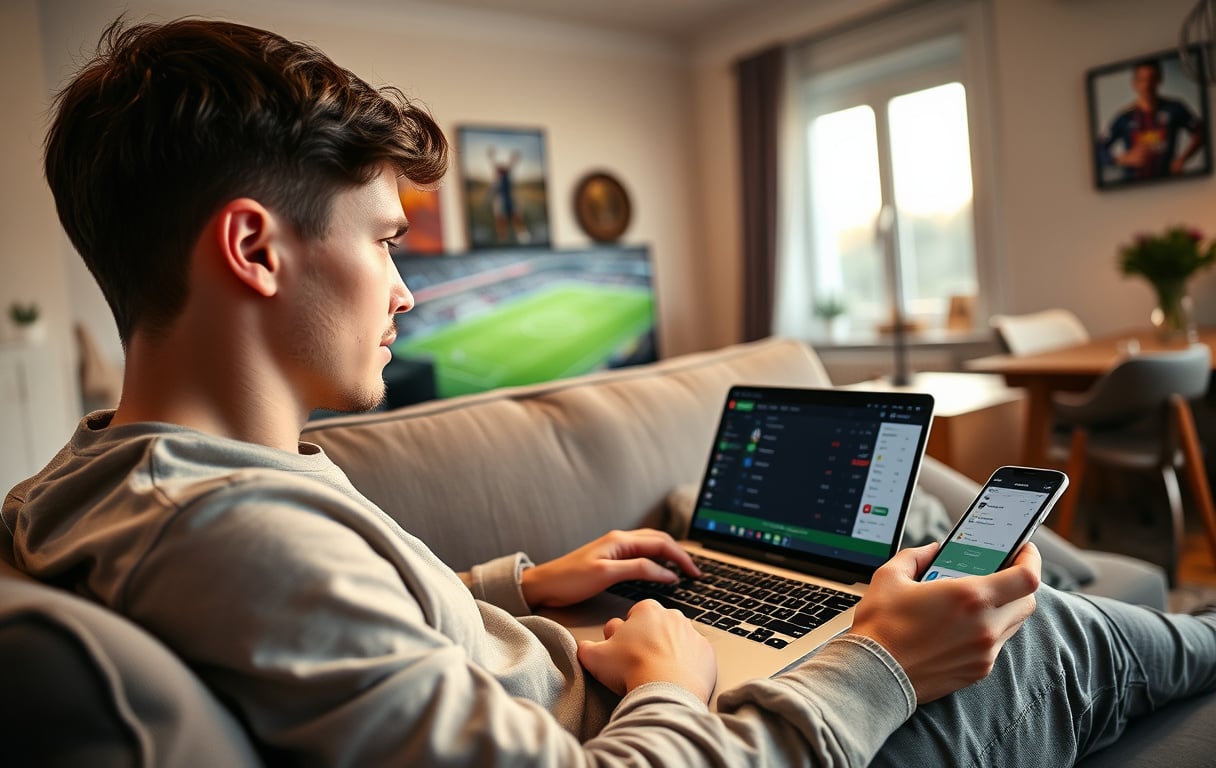 Person som analyserer live odds på en bærbar PC i en stue