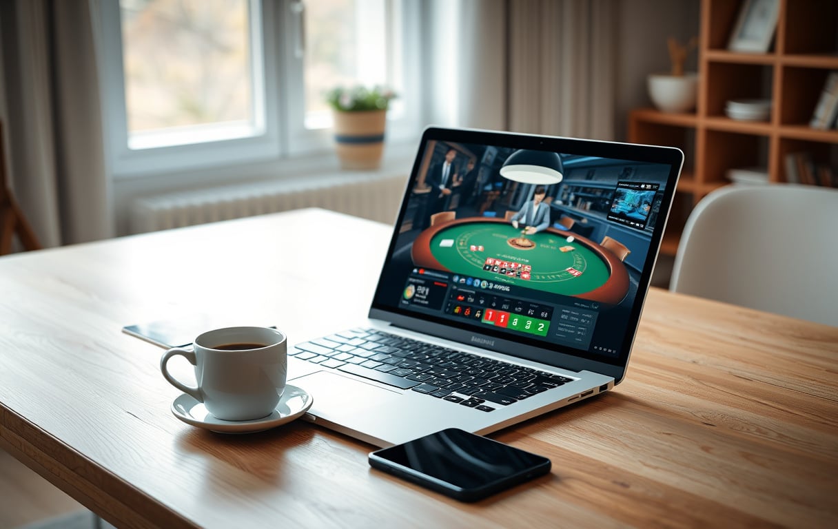 Laptop med live casino og norsk dealer, kaffekopp og mobil på minimalistisk skandinavisk skrivebord