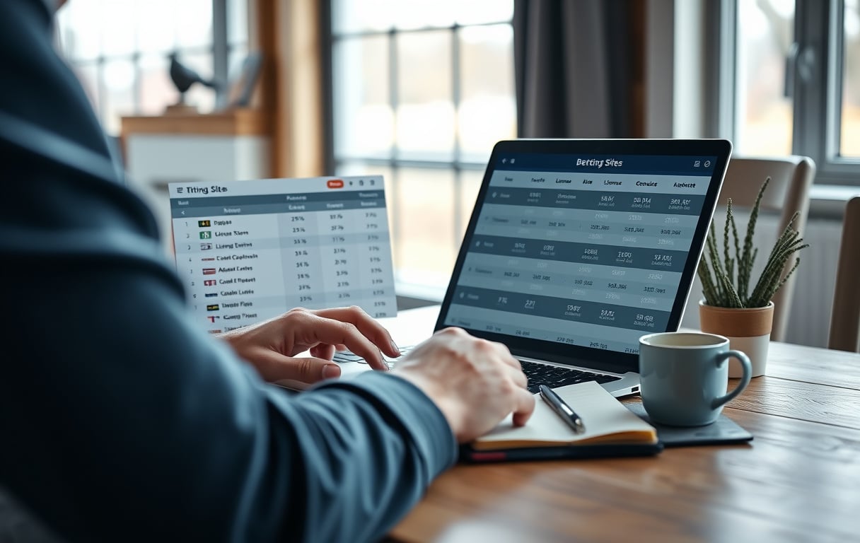 Person som sammenligner bettingsider på laptop med notater og kaffe på bordet