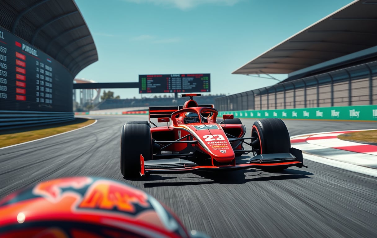 Formel 1-bil i høy hastighet på bane med odds- og bettinginformasjon vist i grafikk, fotorealistisk bilde.