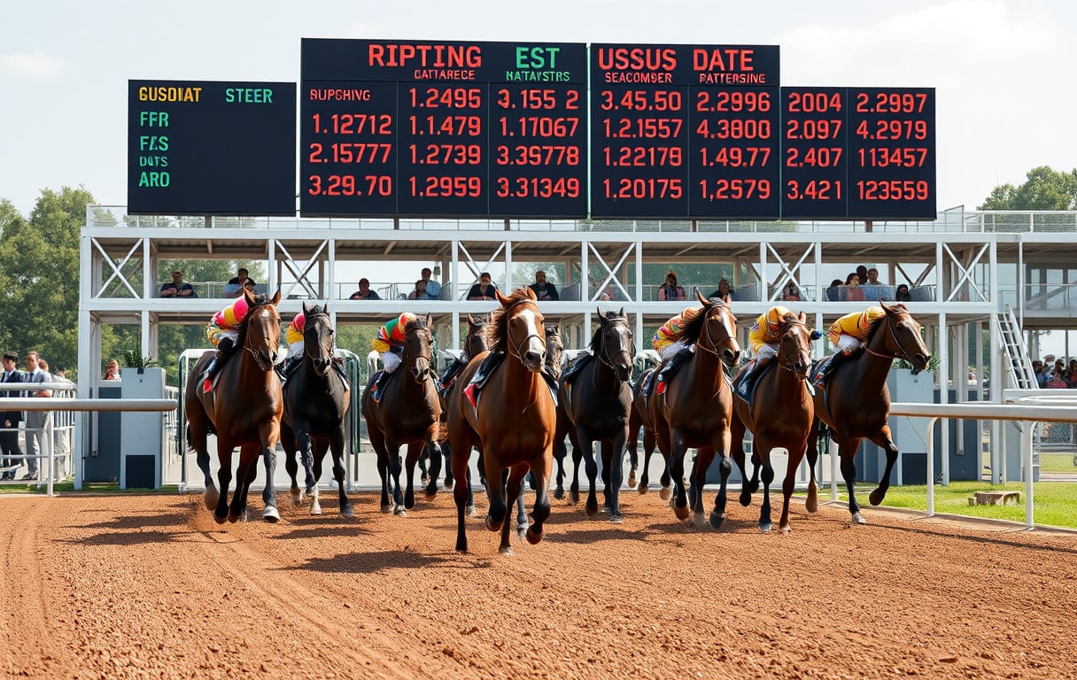 Hester i full galopp på travbane med odds-tavle i bakgrunnen